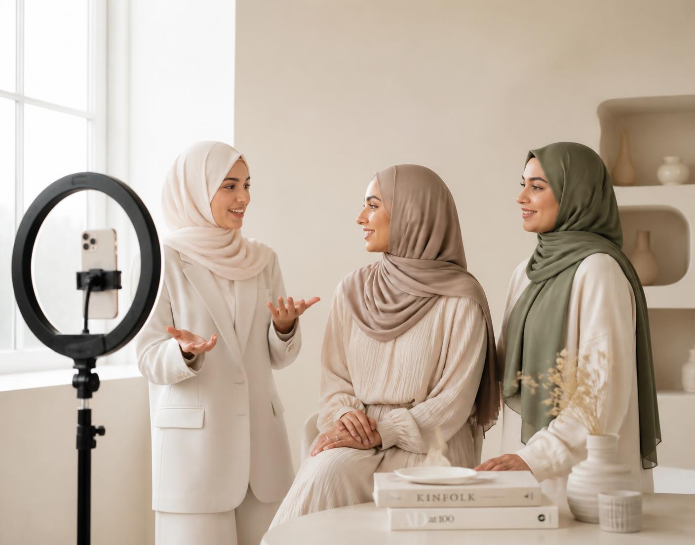 Three modest creators wearing hijabs filming social media content in a bright studio